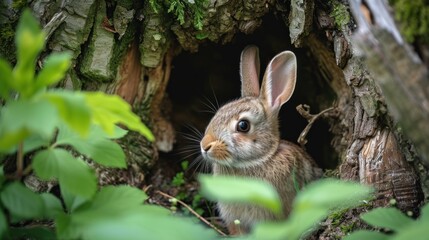  a close up of a rabbit in a hole in the ground with trees in the background and grass in the foreground, with leaves in the foreground, and in the foreground, a.
