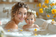 © tidarat - Smiling mother bathes her happy baby in the bathroom, creating joyful moments with water, soap, and lots of fun during their refreshing bonding time