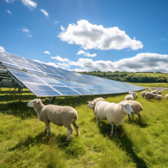 Solar panel and sheep grazing at agriculture field