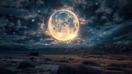 a picture of a full moon in the night sky with clouds and mountains in the foreground, and a lone tr