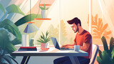Fototapeta  - a vector flat style illustration depicting a man working or studying on a laptop at home, showcasing a cozy home workspace with a mix of home and coworking space elements