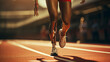 Race Day Determination, focused legs of a sprinter on a track, capturing the power and motion of an athlete mid-race, symbolizing determination and speed.