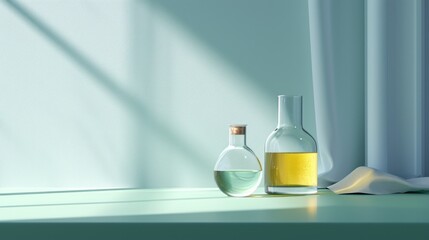  a couple of bottles sitting on top of a table next to a white curtain and a yellow liquid in a glass bottle next to a tissue paper towel on a table.