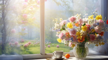 A Vibrant Bouquet Of Spring Flowers And A Cup Of Coffee Sit On A Window Sill, Overlooking A Dreamy Garden View On A Sunny Morning.