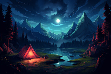 illustration of Camping Evening Scene. Tent, Campfire, Pine forest and rocky mountains background, starry night sky with moonlight transparent background Generative Ai