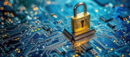 Poster - locked padlock on a circuit board. fee computer - computer security.