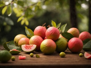 Wall Mural - Fresh guava fruits with leaves on rustic wooden table background.