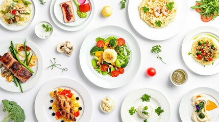 Wall Mural - set of plates of food isolated on a white background, top view. Ai Generative