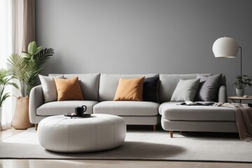 Japandi interior home design of modern living room with gray sofa and round table with dark wall copy space