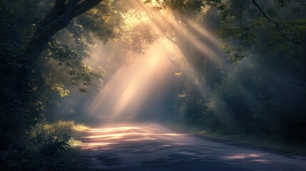 Wall Mural -  a road in the middle of a forest with sunbeams shining through the trees on either side of the road is a paved road with a paved surface and trees on both sides.
