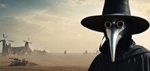  A Person Wearing A Black Plague Mask And A Black Hat With A Long Nose And A Long Nose, Standing In Front Of A Group Of Windmills With A Cloudy Sky In The Background.