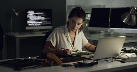 Poster - Happy woman, IC meter and celebrate repair of computer hardware, electronics or semiconductor solution. IT achievement, maintenance success and night technician excited for fixing CPU, circuit or PC