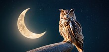  An Owl Sitting On Top Of A Rock In Front Of A Moon And A Sky Full Of Stars And The Moon In The Background Is Lit By A Single Light.