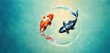  two orange and white koi fish swimming in a circular pool of water with bubbles on the bottom of the water and a blue sky above the water is a goldfish.