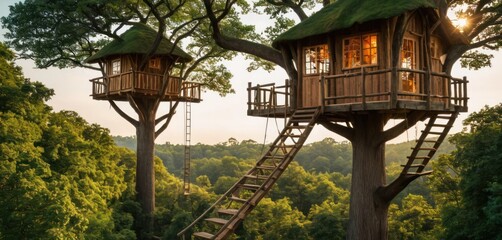 Canvas Print -  a tree house in the middle of a forest with a ladder leading up to the top of the tree and a ladder leading up to the top of the tree.