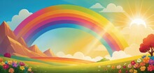  A Painting Of A Rainbow In The Sky With A Tree And Flowers In The Foreground And A Rainbow In The Middle Of The Sky With Clouds And Sun In The Background.
