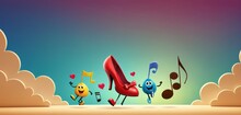  A Cartoon Of A High Heeled Shoe Surrounded By Music Notes And A Pair Of Smiley Face Emoticions, On A Background Of A Blue Sky With Clouds And Sun.