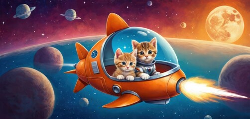  a painting of two kittens in an orange space ship in front of a planet with a full moon in the background and stars and planets in the foreground.