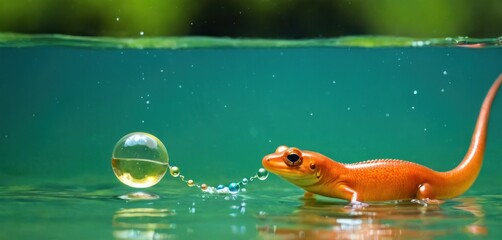  a close up of a small orange animal in water with a drop of water on it's side and a drop of water on the other side of the water.