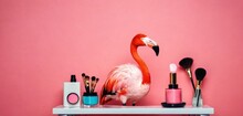  A Pink Flamingo Standing On Top Of A Table With Makeup And Eyeliners On It's Sides And A Pink Wall Behind It, With A Pink Background.