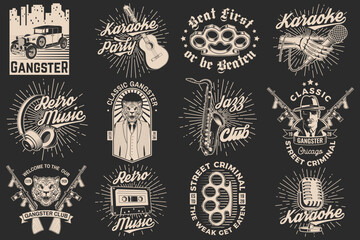 Poster - Set of gangster and retro music poster, banner. Vintage design for t shirt, emblem, logo, badge design with gangster, submachine gun and retro microphone, saxophone, audio cassette, guitar. Vector.