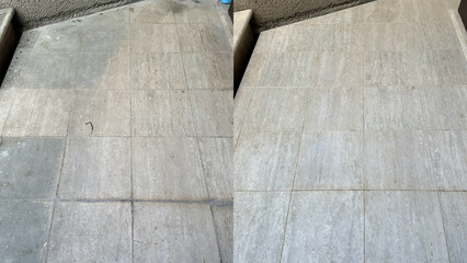 Wall Mural - Before and after, cleaning and restoration of an old beige marble exterior