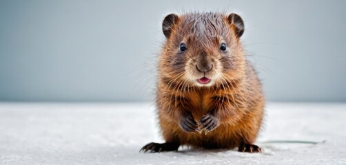  a close up of a rodent standing on its hind legs and looking at the camera with a surprised look on it's face, on a snowy surface.