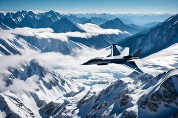 An aerial view of a fighter jet conducting a high-speed flyby over a pristine mountain range, with the snow-capped peaks contrasting against the sleek and formidable presence of the aircraft.