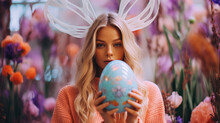 Portrait Of A Young Woman With Bunny Ears Holding A Large Easter Egg In A Colorful Floral Setting.
