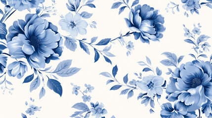  Blue flowers on white background, toile style. Floral pattern