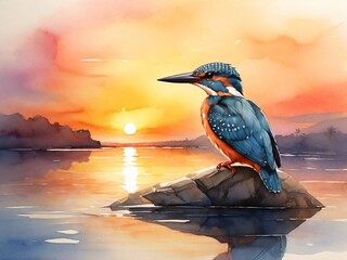 watercolor illustration of perching Kingfisher during late sunset with sunflares in the background.