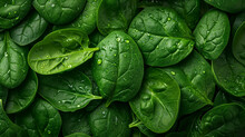 Fresh Spinach Leaves With Dewdrops Fill The Frame, Creating A Vibrant Green Background Symbolizing Health And Vitality