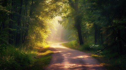 Wall Mural -  a dirt road in the middle of a forest with trees on both sides of it and the sun shining through the trees on the other side of the road in the distance.
