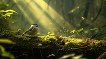  A Small Bird Sitting On A Mossy Log In A Forest With Sunlight Streaming Through The Trees And Leaves On The Ground And In The Sunlight Beams Of Light Coming Through The Leaves.