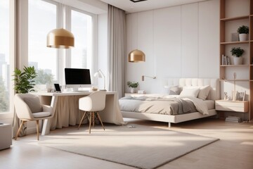 Wall Mural - Interior home design of modern bedroom with white bed with workplace next to the window
