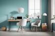 © Basileus - Scandinavian interior home design of modern workplace with wooden chair and laptop on a table with a turquoise wall near the window