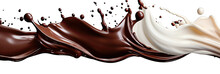 Splash Of Chocolate And White Milk Flow Mixed On White Background