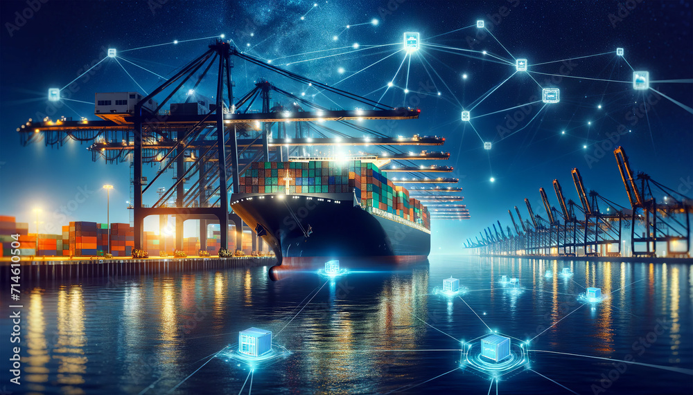 A futuristic cargo ship at a port with digital network connections ...