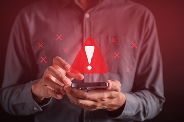 Poster - System warning caution sign for notification error and maintenance concept. cyber attack on computer network. Cybersecurity vulnerability, data breach, illegal connection, compromised information.