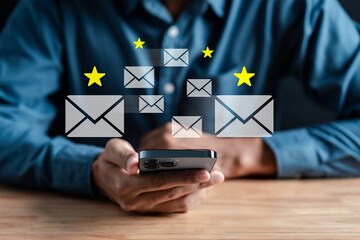 Poster - Email star concept. Businessman sending email by laptop computer to customer, business contact and communication, email marketing concept, send e-mail or newsletter, online working internet network.