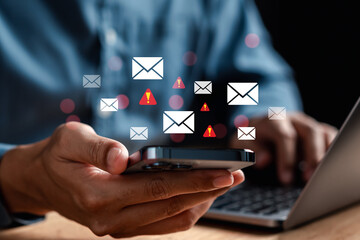 Poster - Alert Email inbox and spam virus with warning caution for notification on internet letter security protect, junk and trash mail and compromised information..