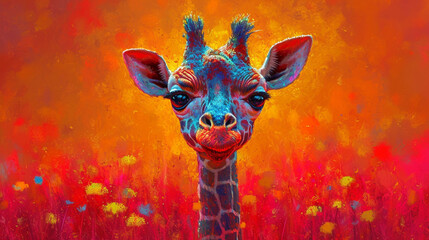 Poster - detailed illustration of a print of colorful baby giraffe