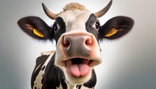 Surprised Cow With Goofy Face Mooing And Looking At Camera On White Background Close Up Portrait Of Funny Animal