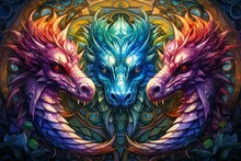 Whirling Kaleidoscope Dragons, Casting Mesmerizing Patterns With Their Scales - Generative AI