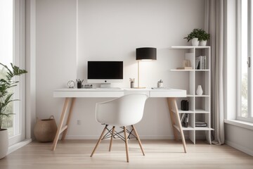 Scandinavian interior home design of modern workplace with table, chairs and white wooden decoration with laptop on the table