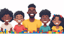 Happy African American Family Playing Together. Father, Mother And Children Having Fun Together. Vector Illustration In Cartoon Style. Family And Children Wonder And Joy Concept.