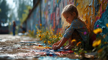 Adorable Blonde Girl Playing With Paint With Her Hands