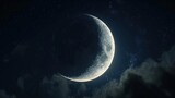 Fototapeta Kosmos -  a close up of a crescent moon in the night sky with a cloud filled sky and stars in the foreground and a dark blue sky with a few white clouds.