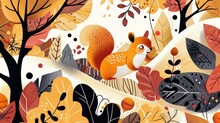  A Painting Of A Squirrel Sitting On A Tree Branch In A Forest With Leaves And Acorns On A White Background With Orange, Yellow, Red, Black, And Green, And Orange Colors.