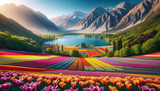 Fototapeta Natura - A vibrant valley with rows of colorful tulips in the foreground and a serene lake surrounded by mountains in the background.Landscape concept. AI generated.